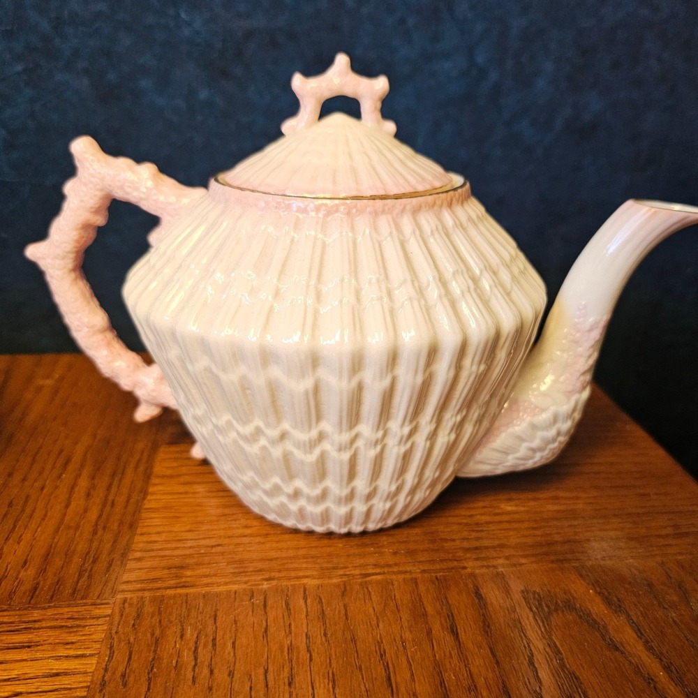 Belleek Ireland Neptune Teapot Pink Coral Handle Parian China Green Mark 0857